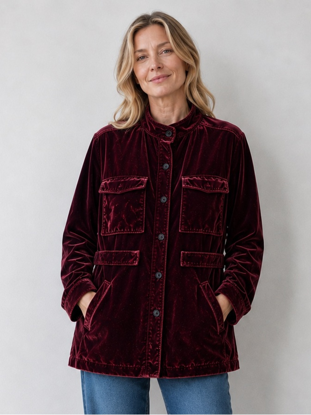 LOFT 100% Rayon Burgundy Velvet Utility Jacket size XL